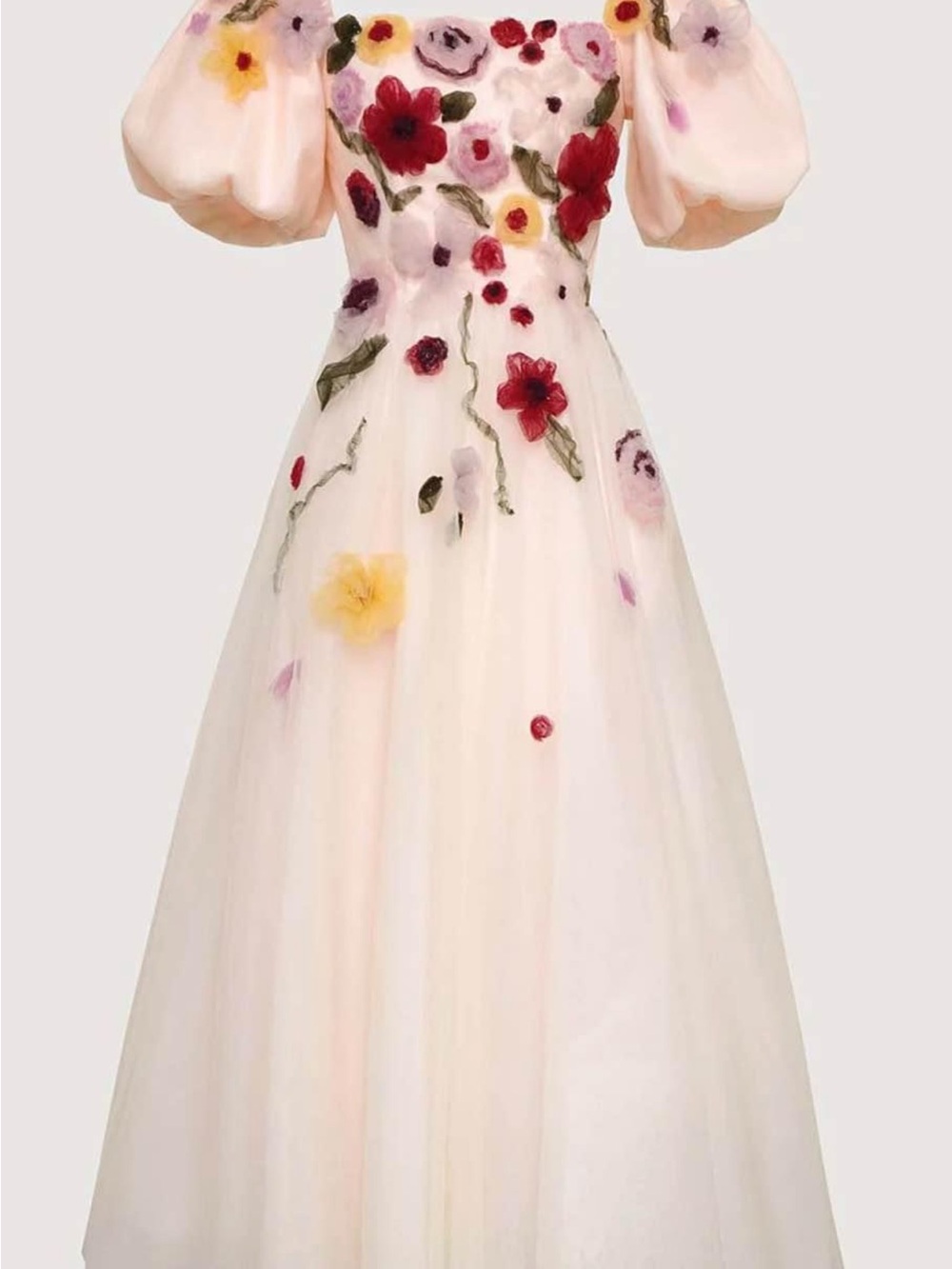 Ivory Floral Applique Puff Sleeve Gown